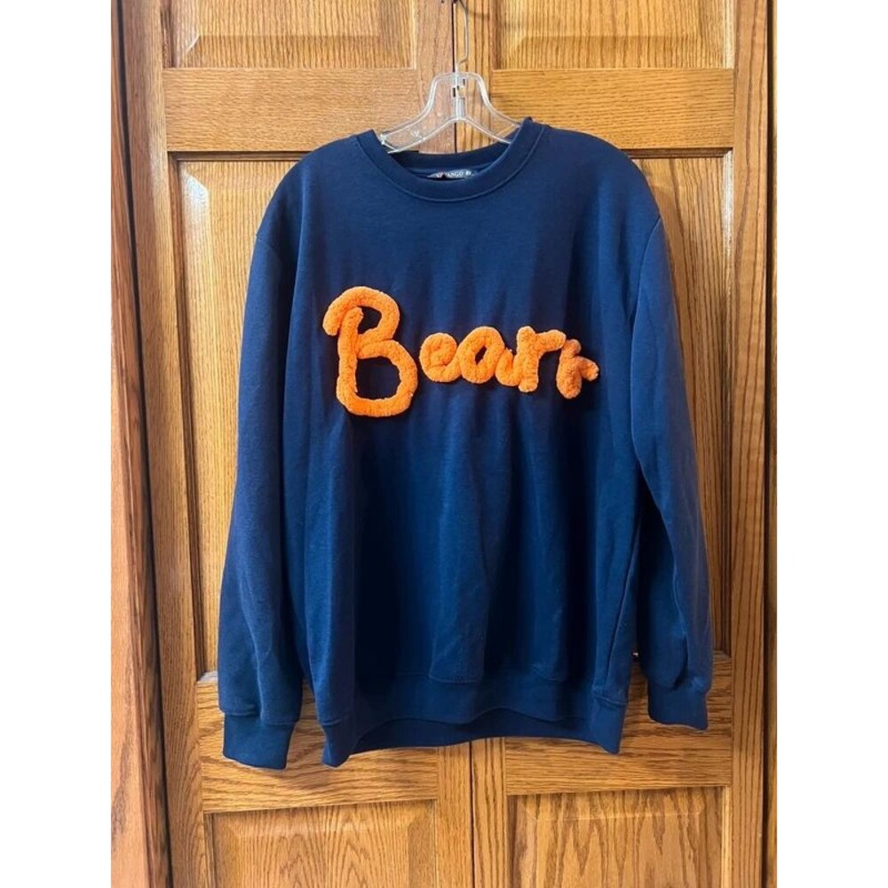 I Love Vango Bears Sweatshirt Size L Navy Blue Orange Chenille Spellout Crewneck
